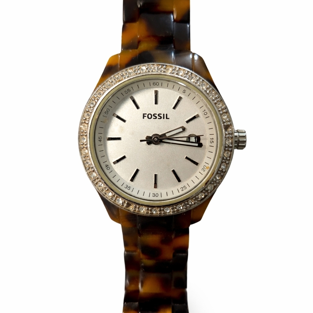 Fossil Tortoiseshell Resin Watch with Crystal Accent and Silver Dial